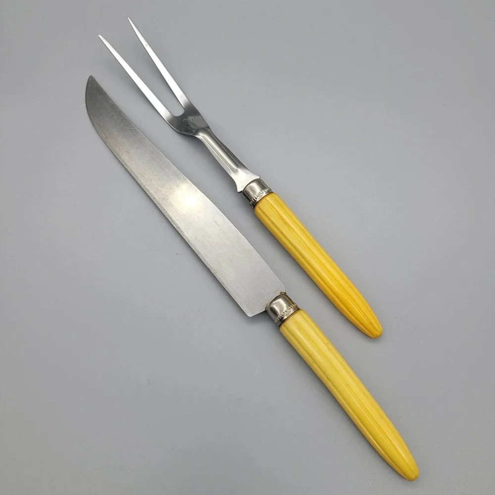 Vintage Stainless Steel Carving Set 2pc Knife and Fork Yellow Fluted Handles